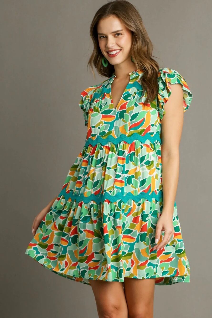 Umgee S Green Abstract Print Tiered Split Ruffle Neck Dress Ric Rac Trim Boho